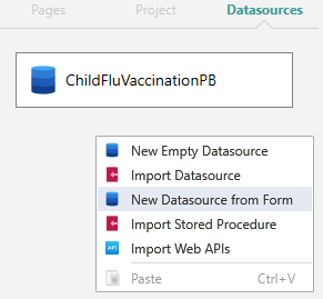 Picture showing the New Datasource from Form Option. 